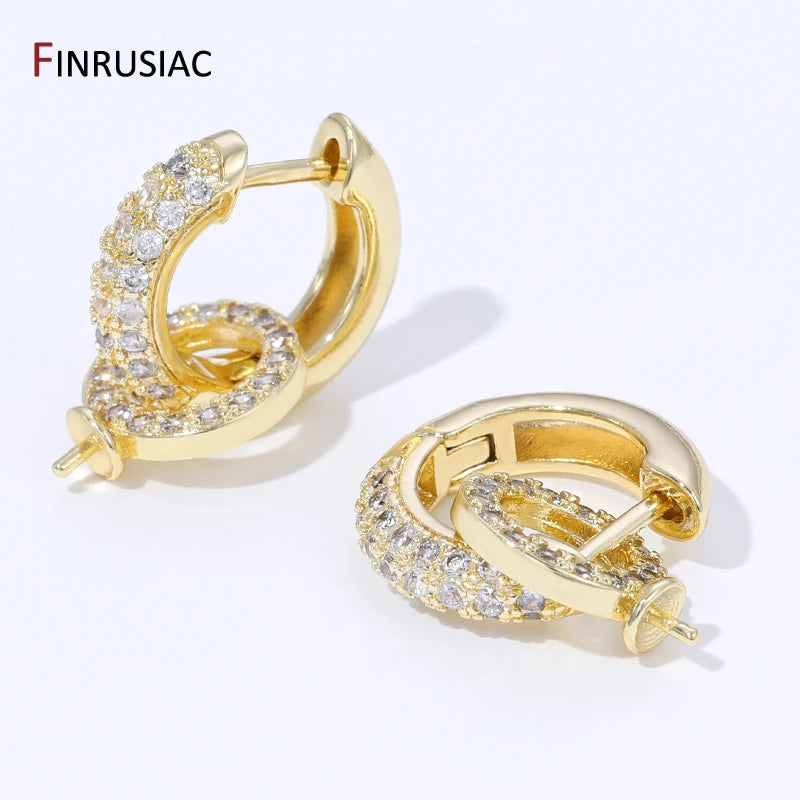 18K Gold Plated Brass Inlaid Zircon Hoop Earring With Pearl Mounting,Earrings Fixtures for DIY Pearl Earring Making Accessories