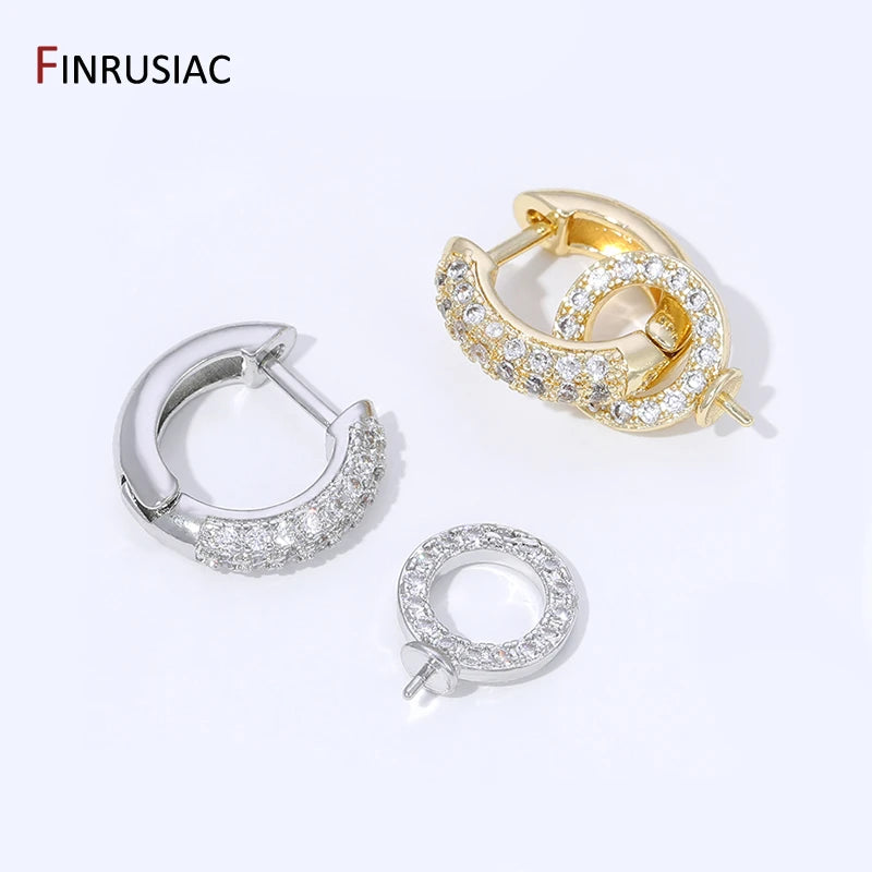18K Gold Plated Brass Inlaid Zircon Hoop Earring With Pearl Mounting,Earrings Fixtures for DIY Pearl Earring Making Accessories
