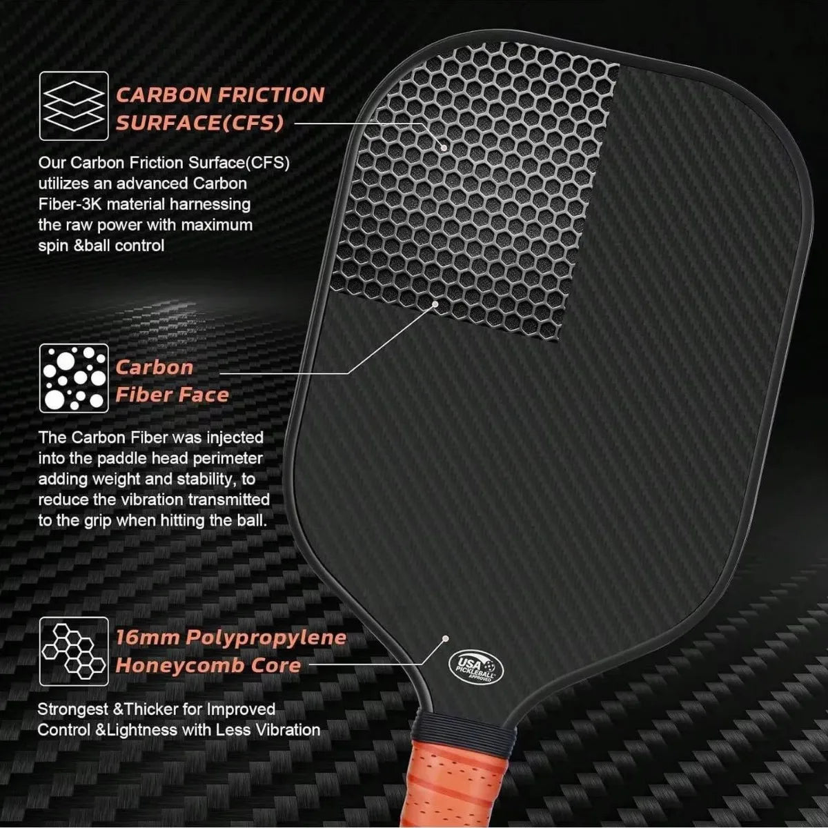 3K Carbon Fiber Pickleball Paddle Polypropylene Honeycomb Core Pickle Ball Paddle for Men Women
